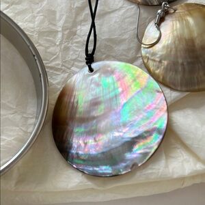 Iridescent Shell Pendant Necklace, Earrings, and bangle bracelet set